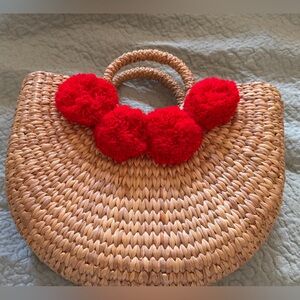 Vintage Sea & Grass Red Pom Pom Tote Bag, excellent condition!